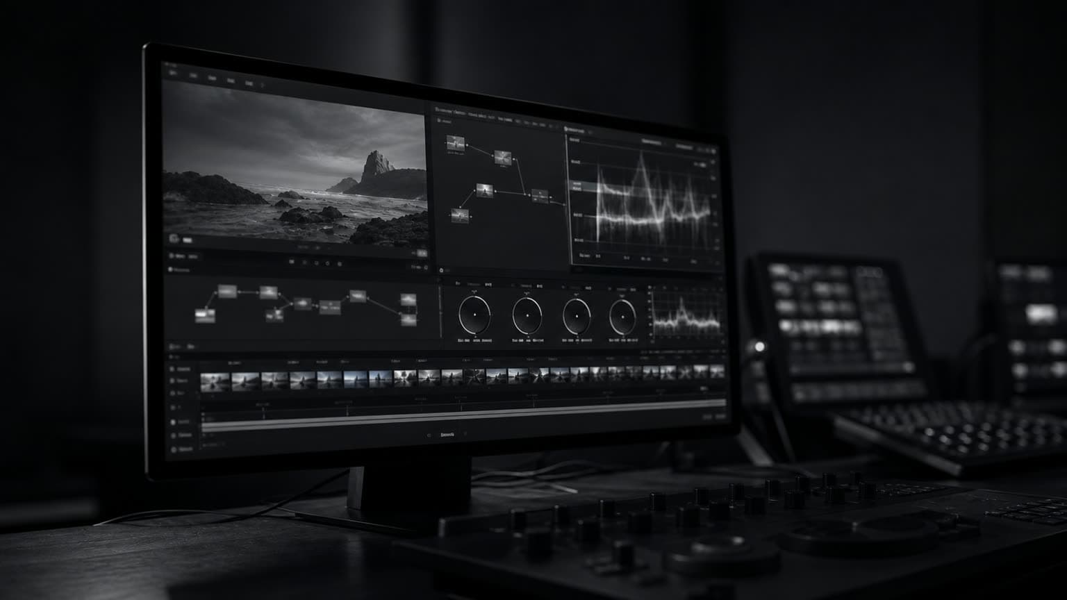 A monochrome color grading workstation showing a professional post-production interface